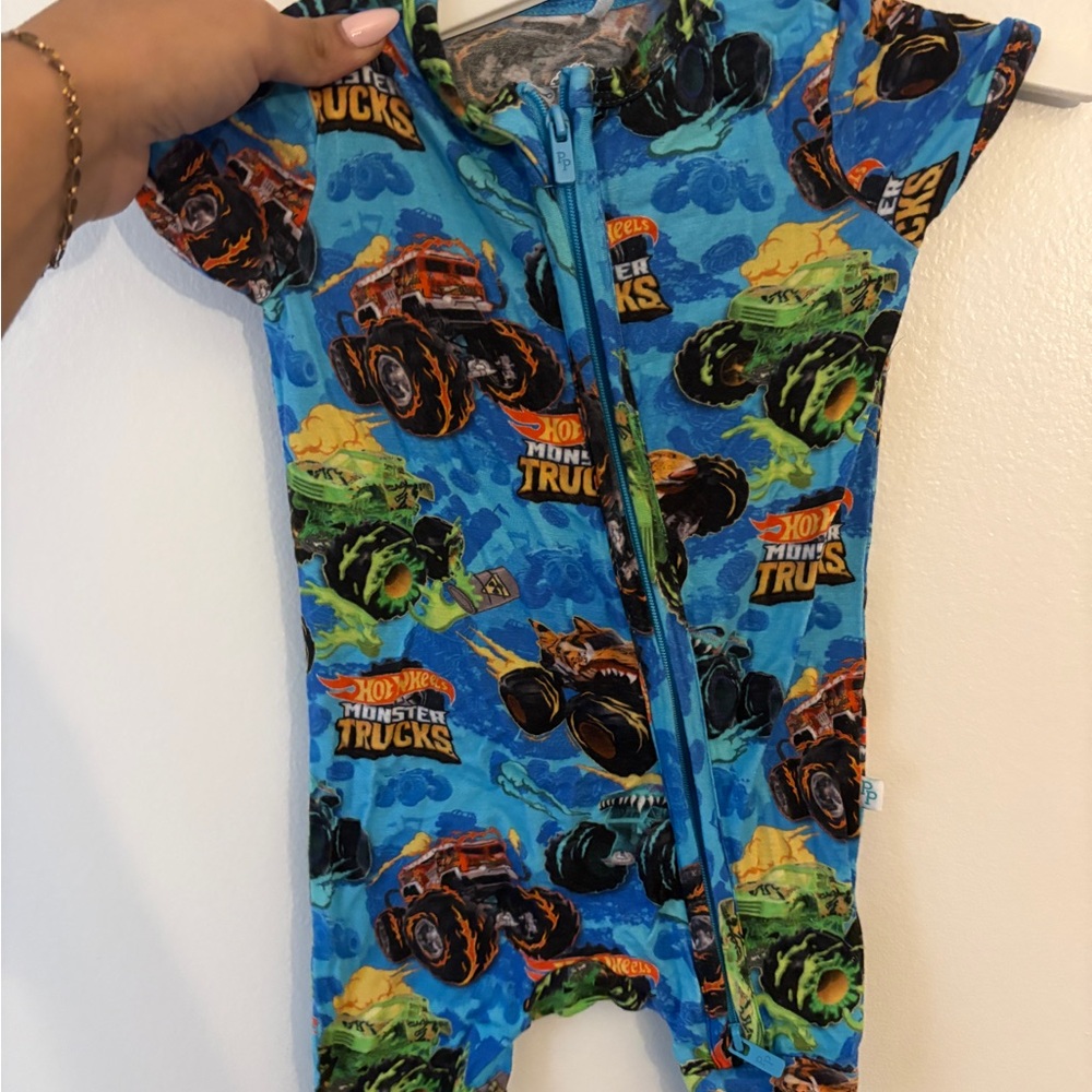 Posh Peanut Blue Monster Trucks Bodysuit